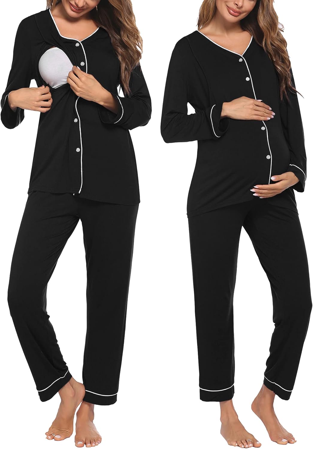 Maternity nursing pajama set in black, button-down top with piping and matching pants