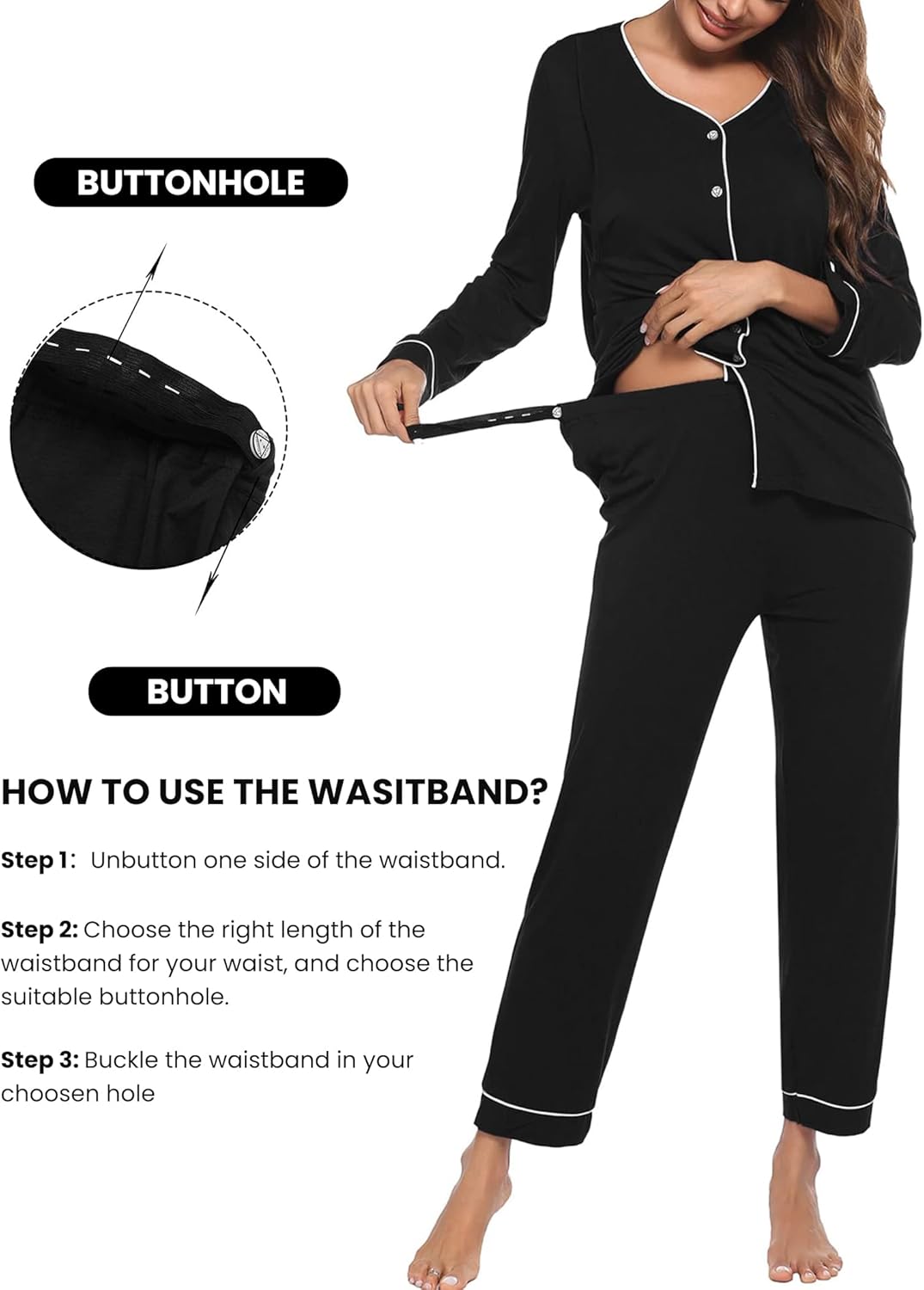 Black maternity nursing pajama set detail: button placket and adjustable waist tab
