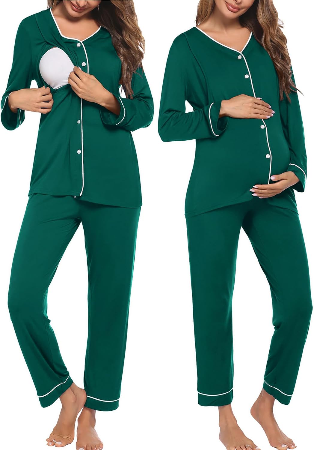 Maternity nursing pajama set, deep green button-down top and matching pants with trim