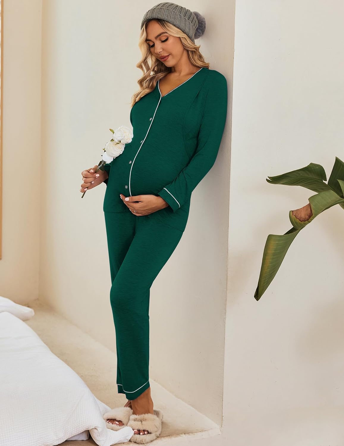 Maternity nursing pajama set in deep green, button-down long-sleeve top and pants