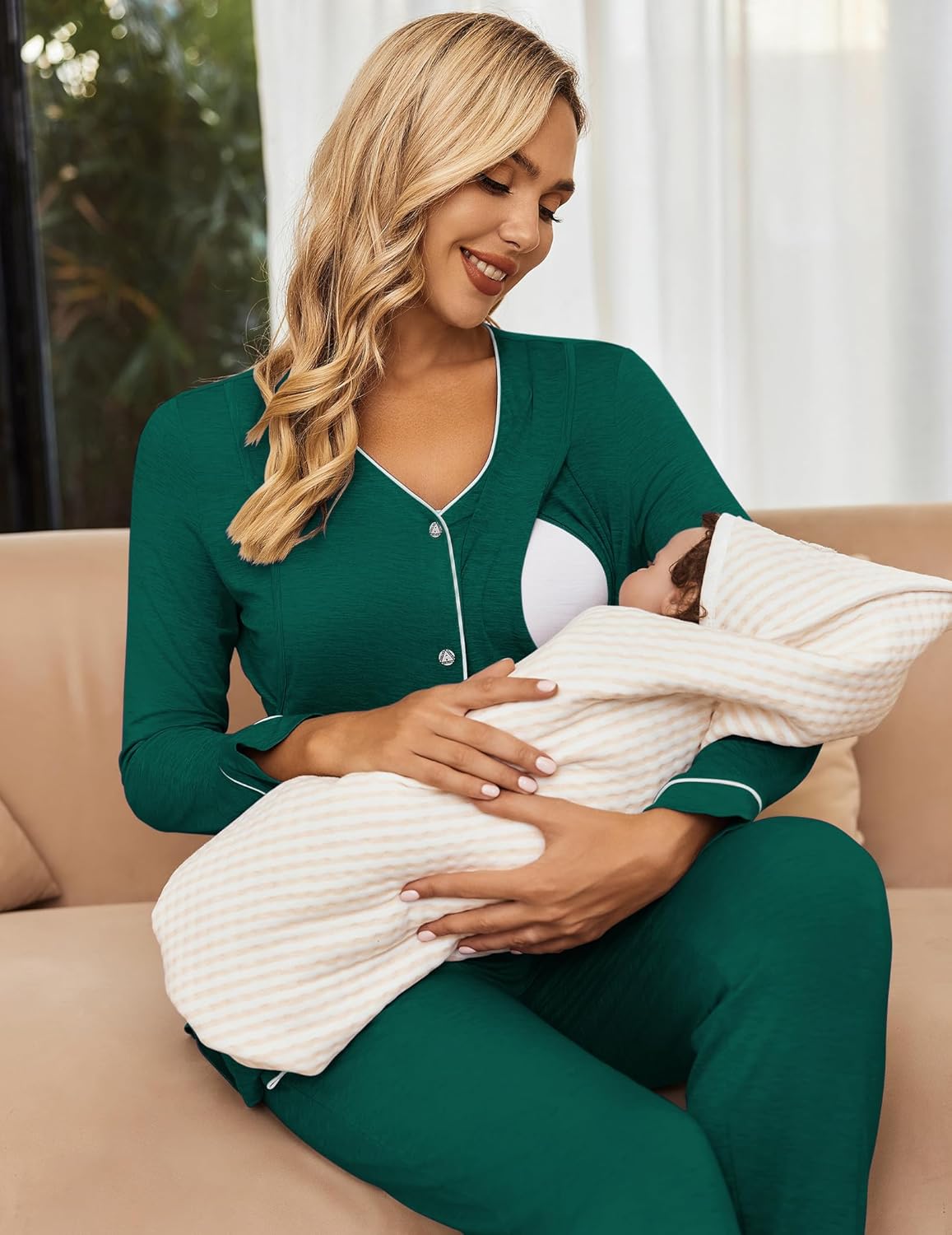 Deep green maternity nursing pajama set with button-front top and nursing-friendly neckline