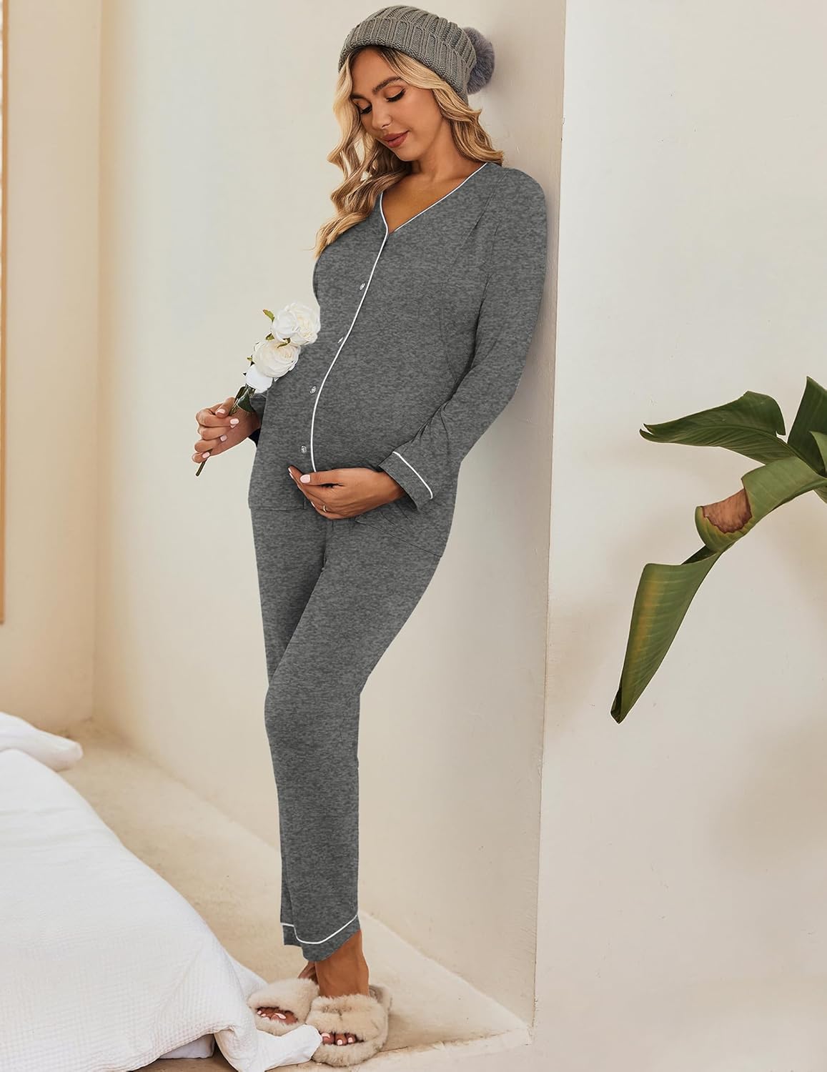 Maternity pajama set in dark gray with button-front nursing top and ankle-length pants