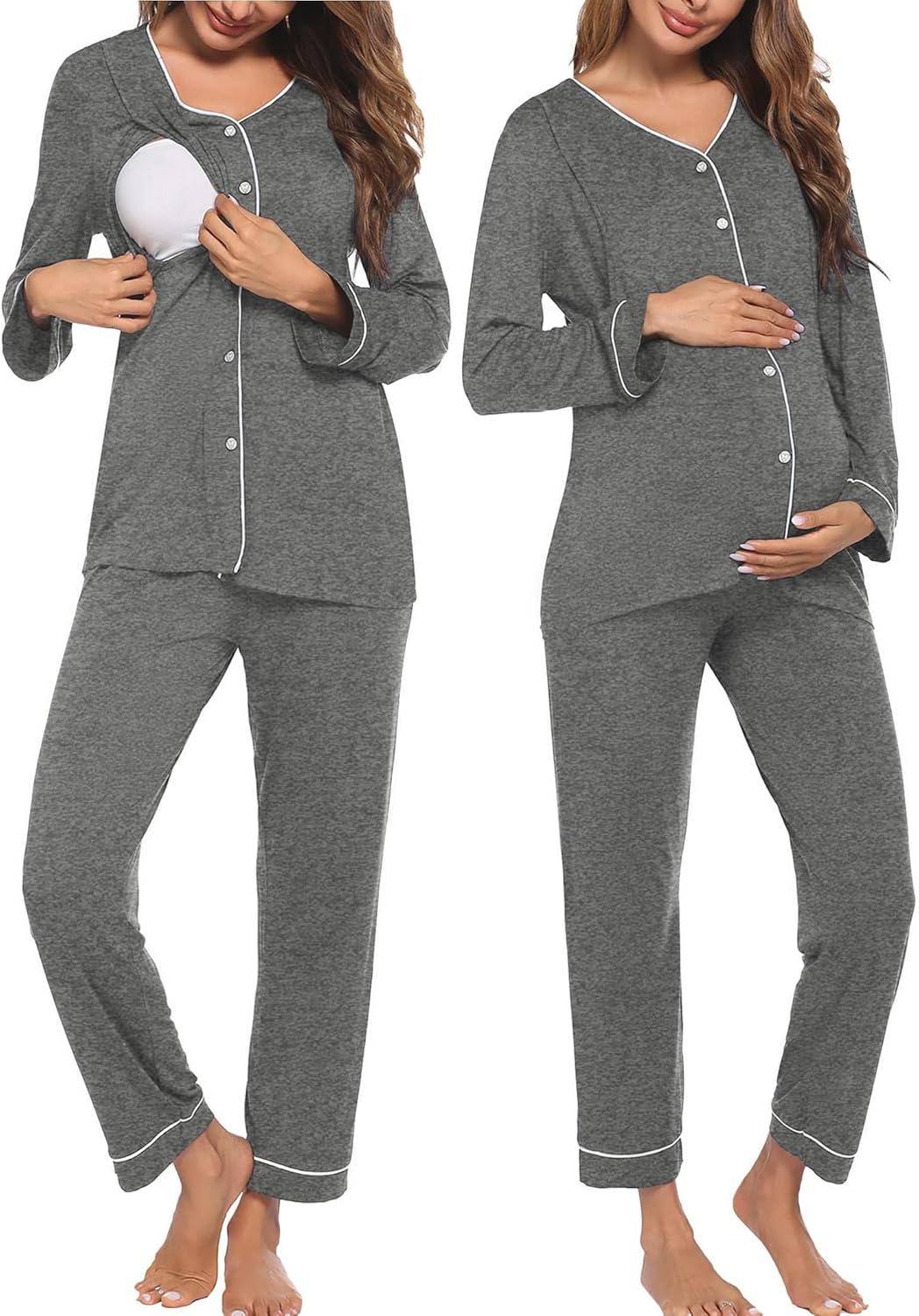 Maternity button-down nursing pajama set in dark gray, long sleeve top with snap buttons