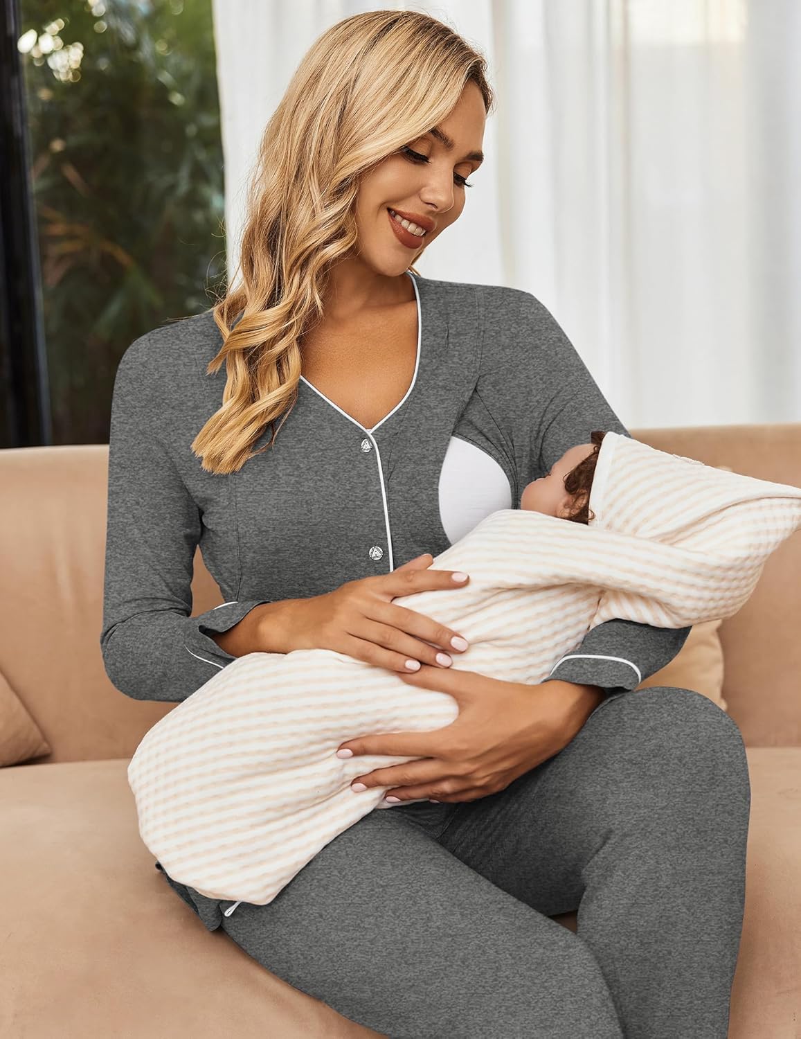 Dark gray maternity nursing pajama set, button-front top with contrast trim and long pants
