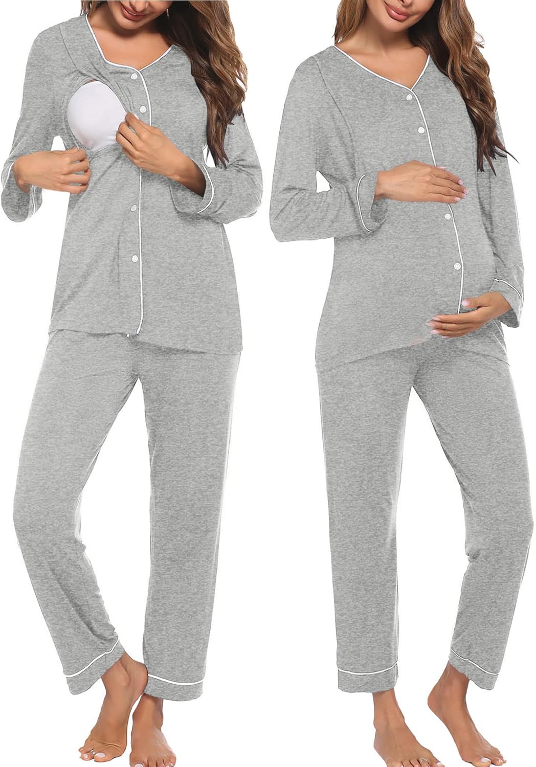 Gray nursing pajama set with long sleeves, button placket, and matching drawstring pants