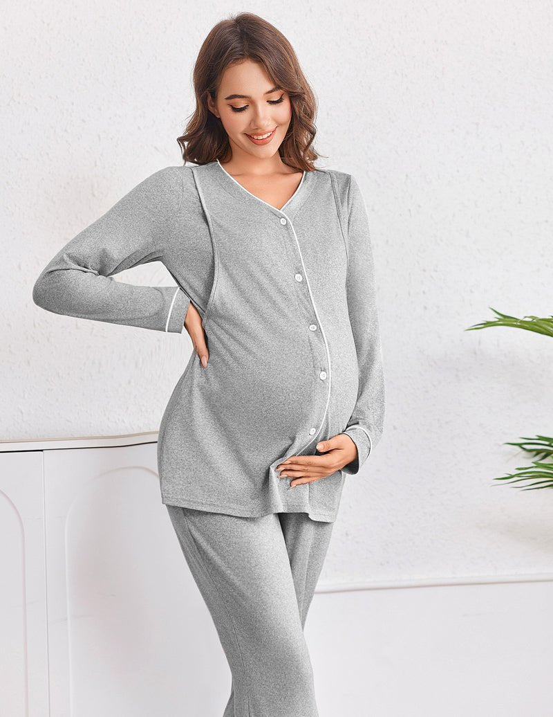 Grey maternity nursing pajama set, button-front V-neck top with matching pants