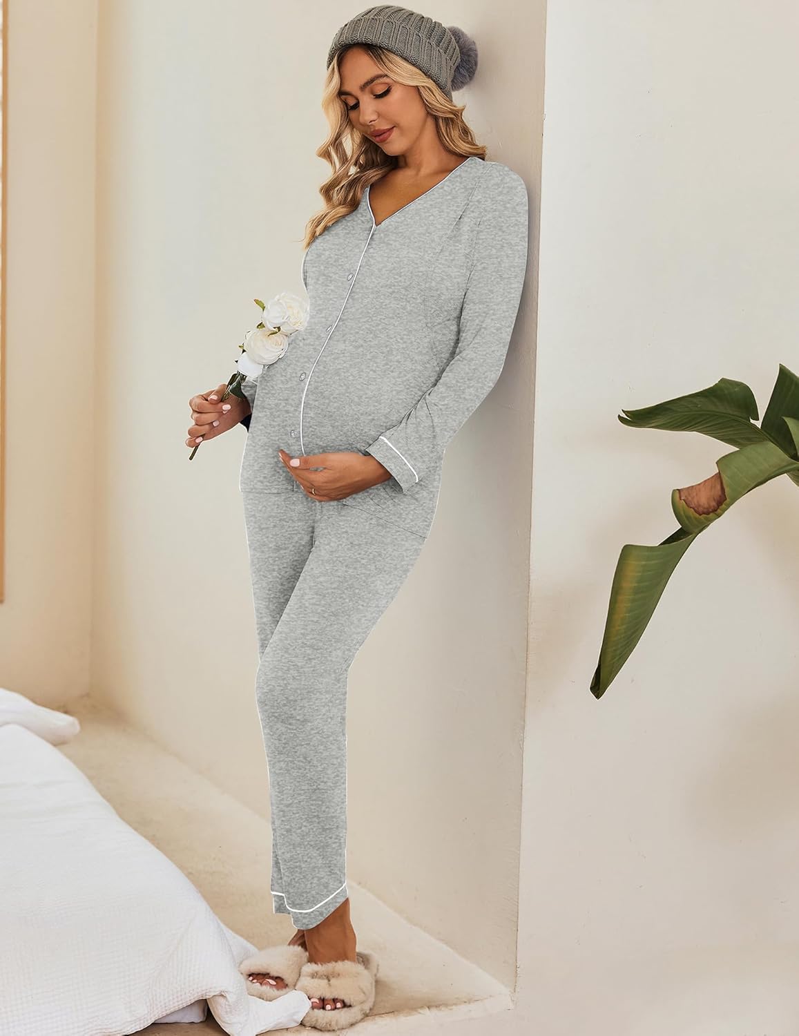 Gray maternity pajama set, long-sleeve nursing top with snap buttons and full-length pants