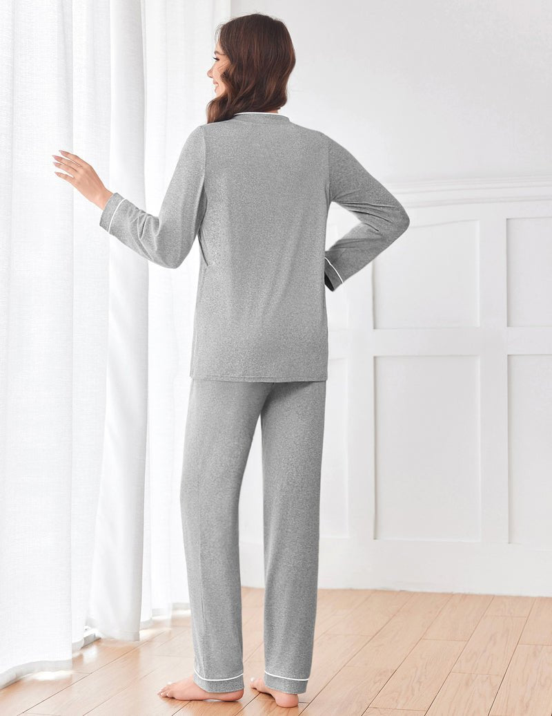 Back view of gray maternity nursing pajama set, long-sleeve top and straight-leg pants