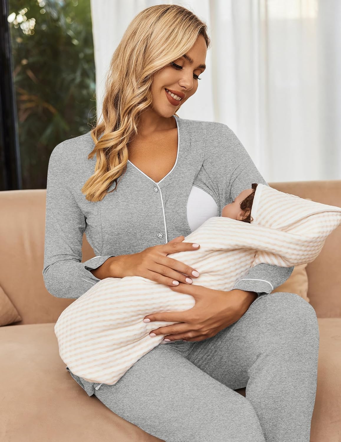 Dark gray nursing pajama set, button-up top and lounge pants with contrast cuff trim