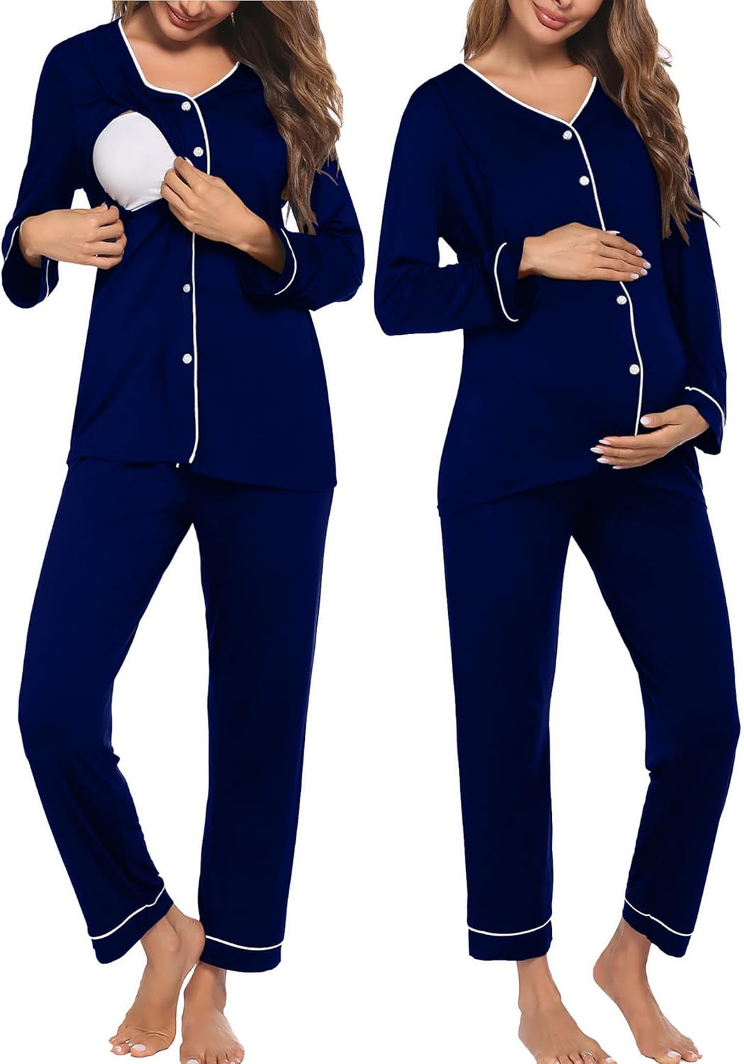 Maternity nursing pajama set in navy blue, button-down top and matching cuffed pants