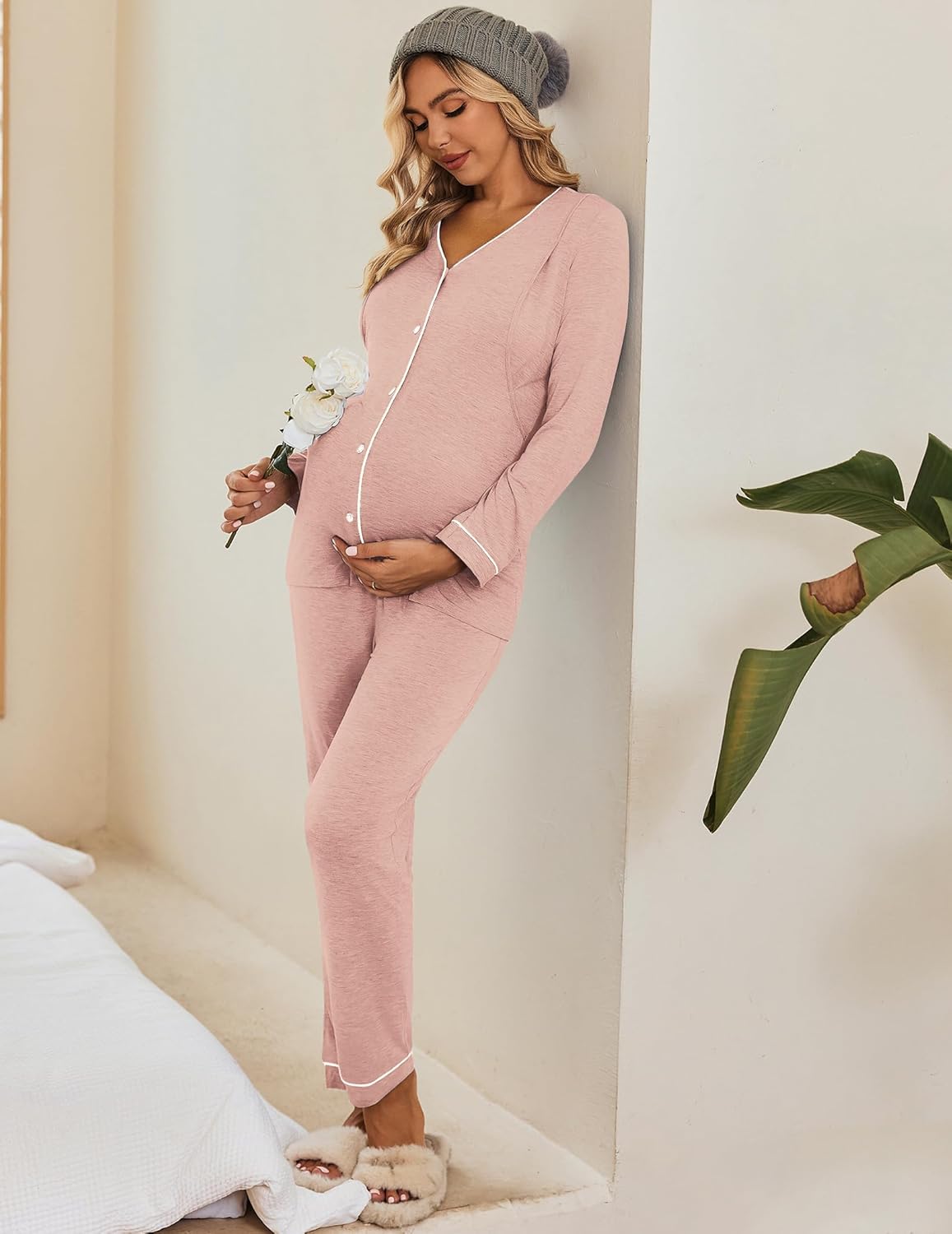 Blush pink maternity pajama set with button-front top and cuffed long pants