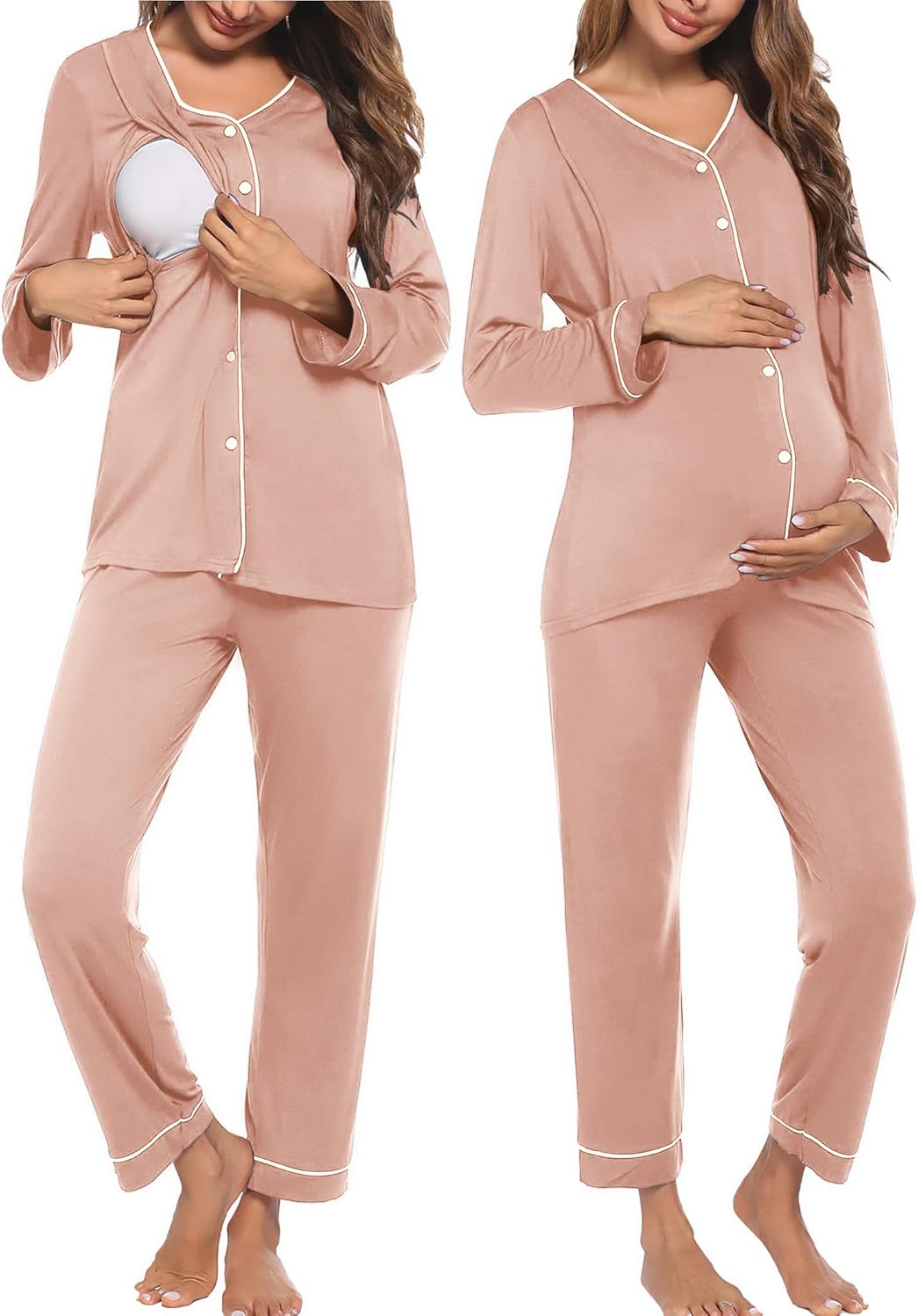 Blush pink nursing pajama set with button-front top and matching long pants