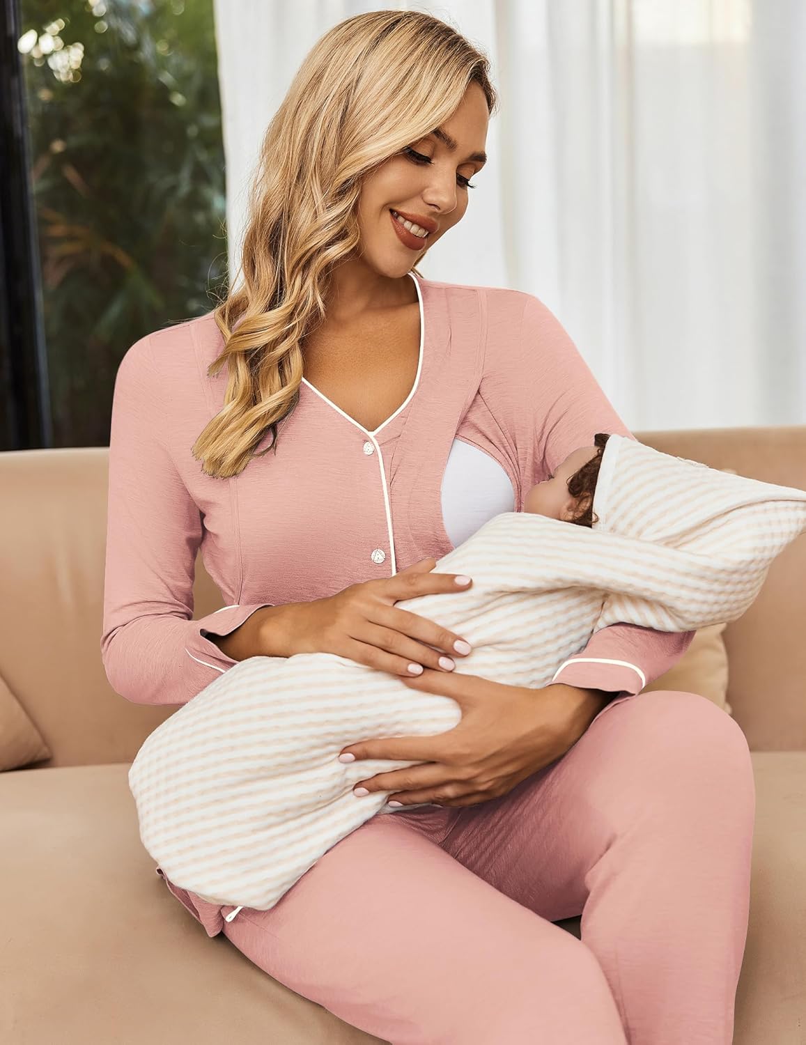 Blush pink long-sleeve nursing pajama set with button placket and matching pants