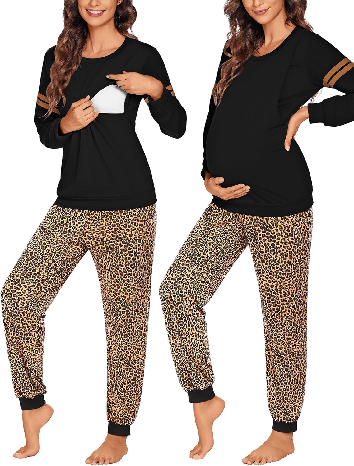 Maternity nursing pajama set: black long-sleeve top with leopard-print joggers
