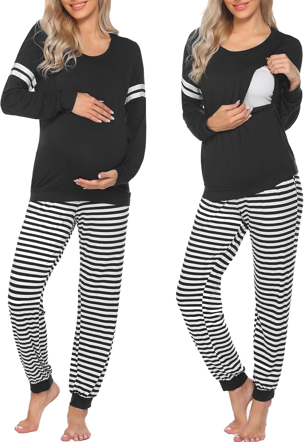 Maternity nursing pajama set: black top with striped cuffs and striped pants