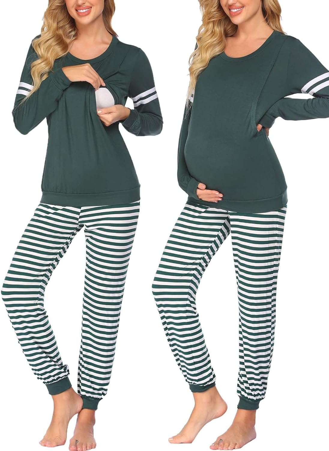 Maternity nursing pajama set: deep green top with striped pants and nursing placket
