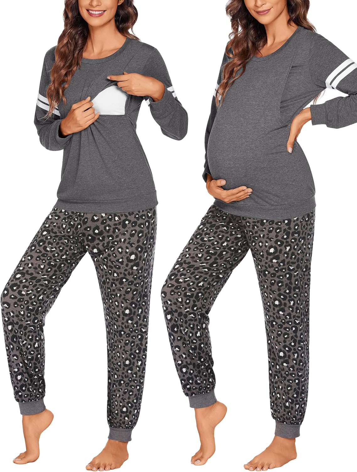 Maternity nursing pajama set in dark grey with black leopard print jogger pants