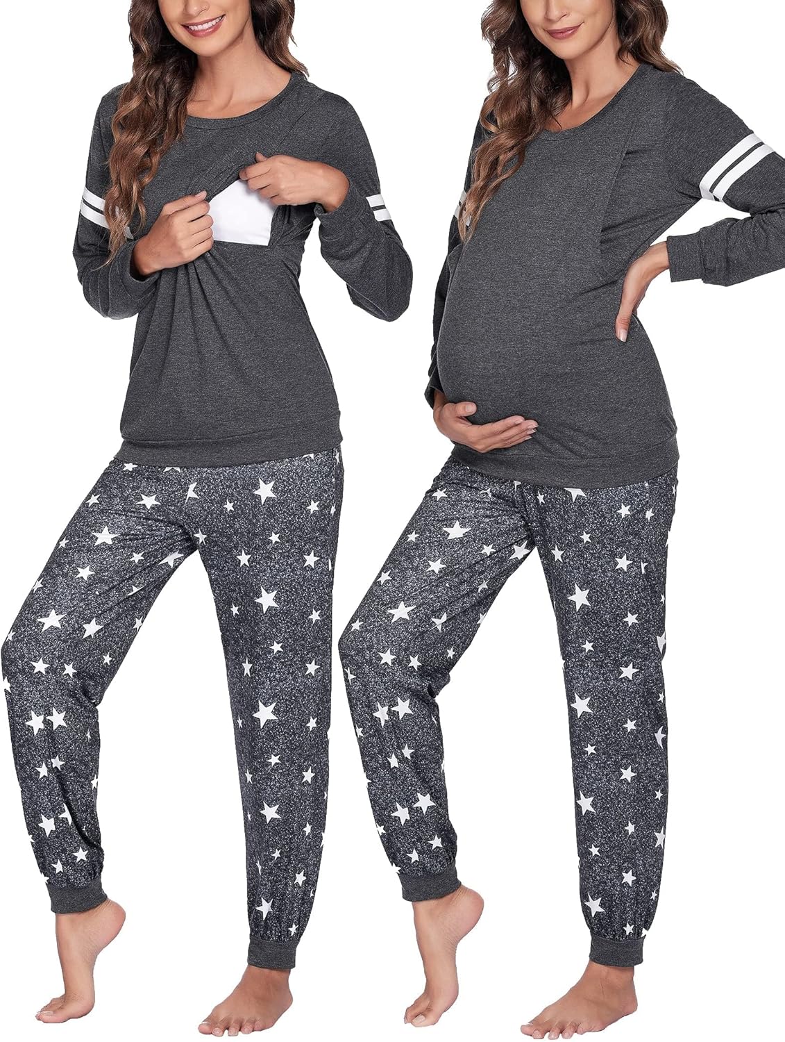 Maternity nursing pajama set, dark grey top with star print jogger pants and pockets