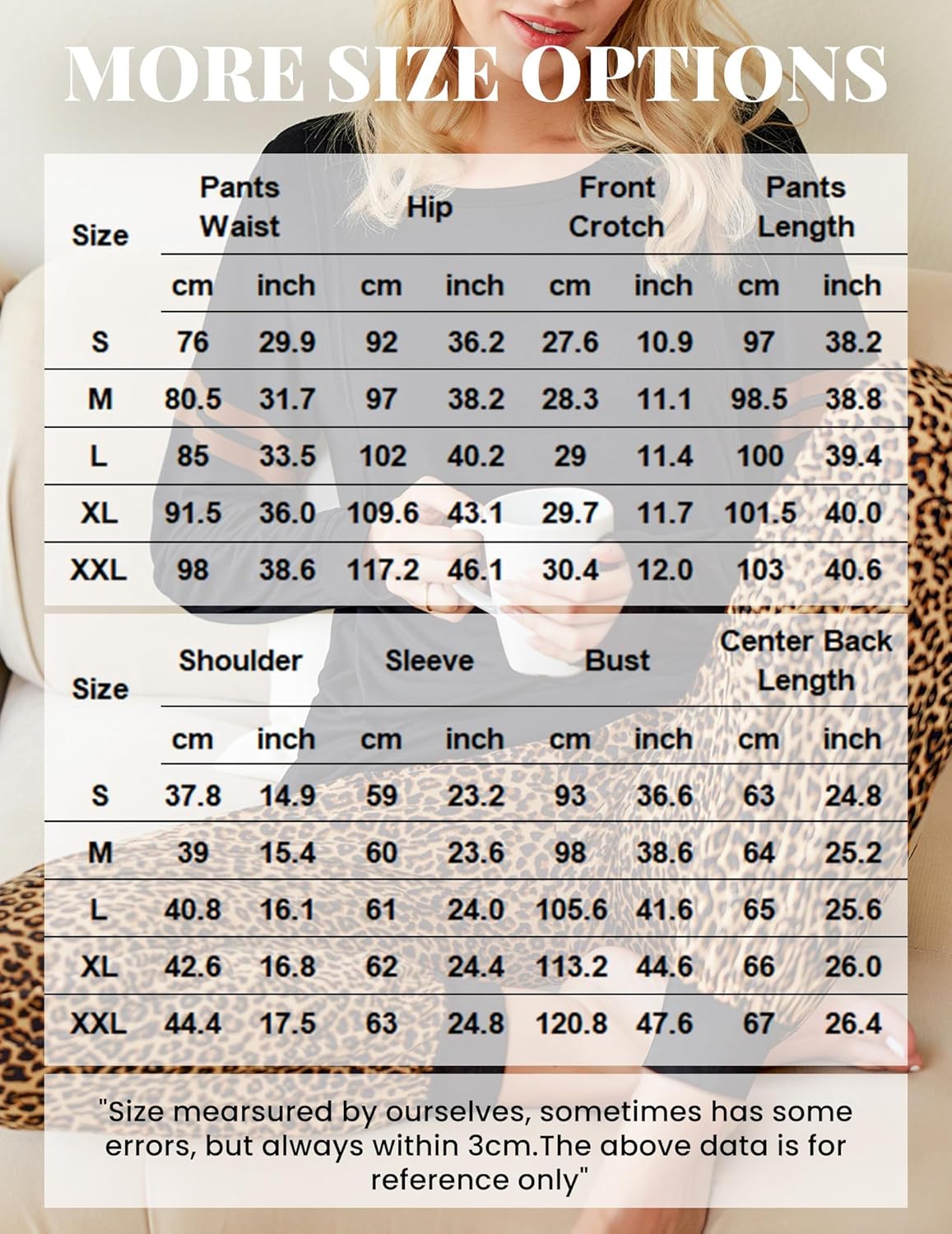 Size chart for maternity pajama set: waist, hip, inseam, sleeve, and bust measurements