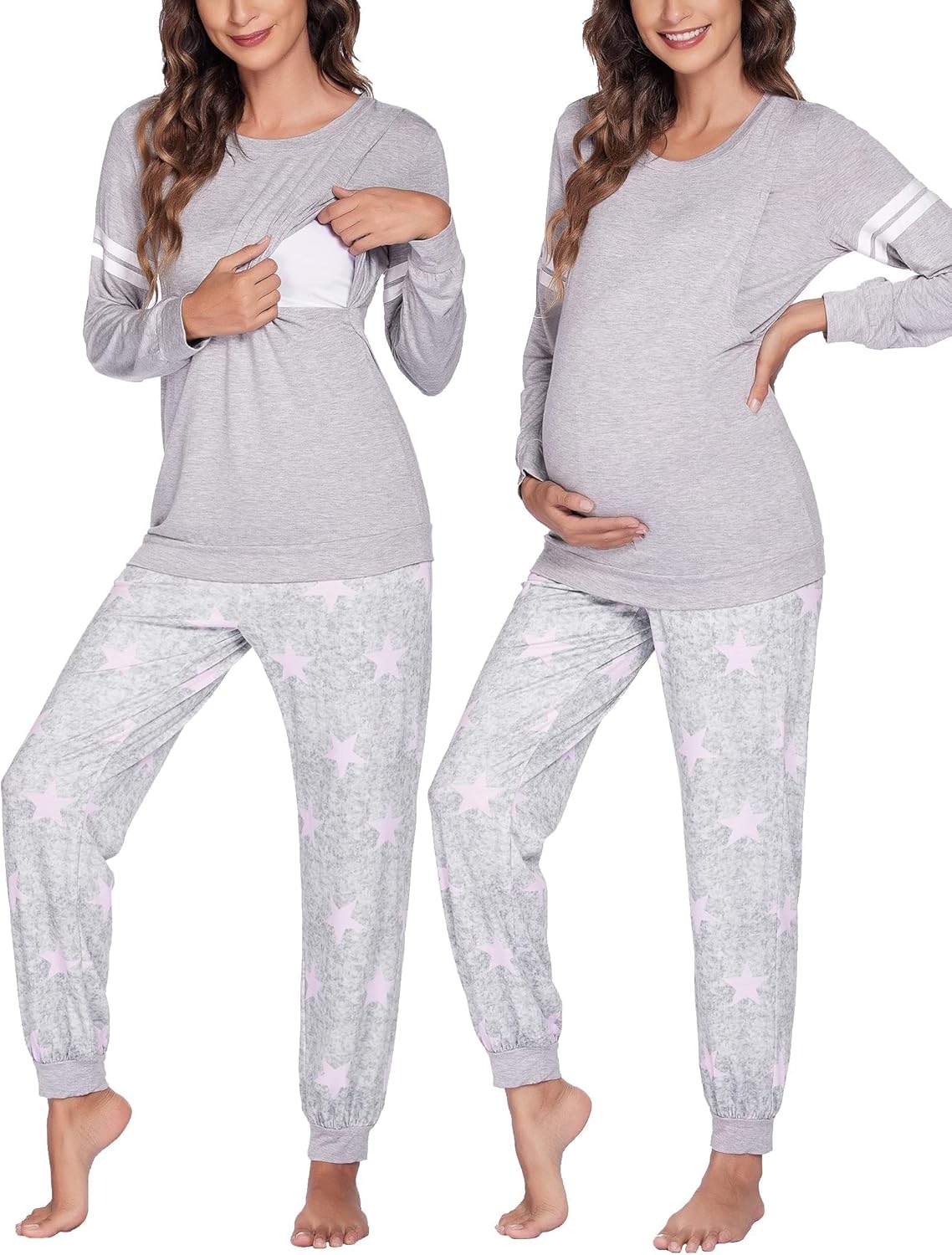 Maternity nursing pajama set, light grey top with pale pink star jogger pants and pockets