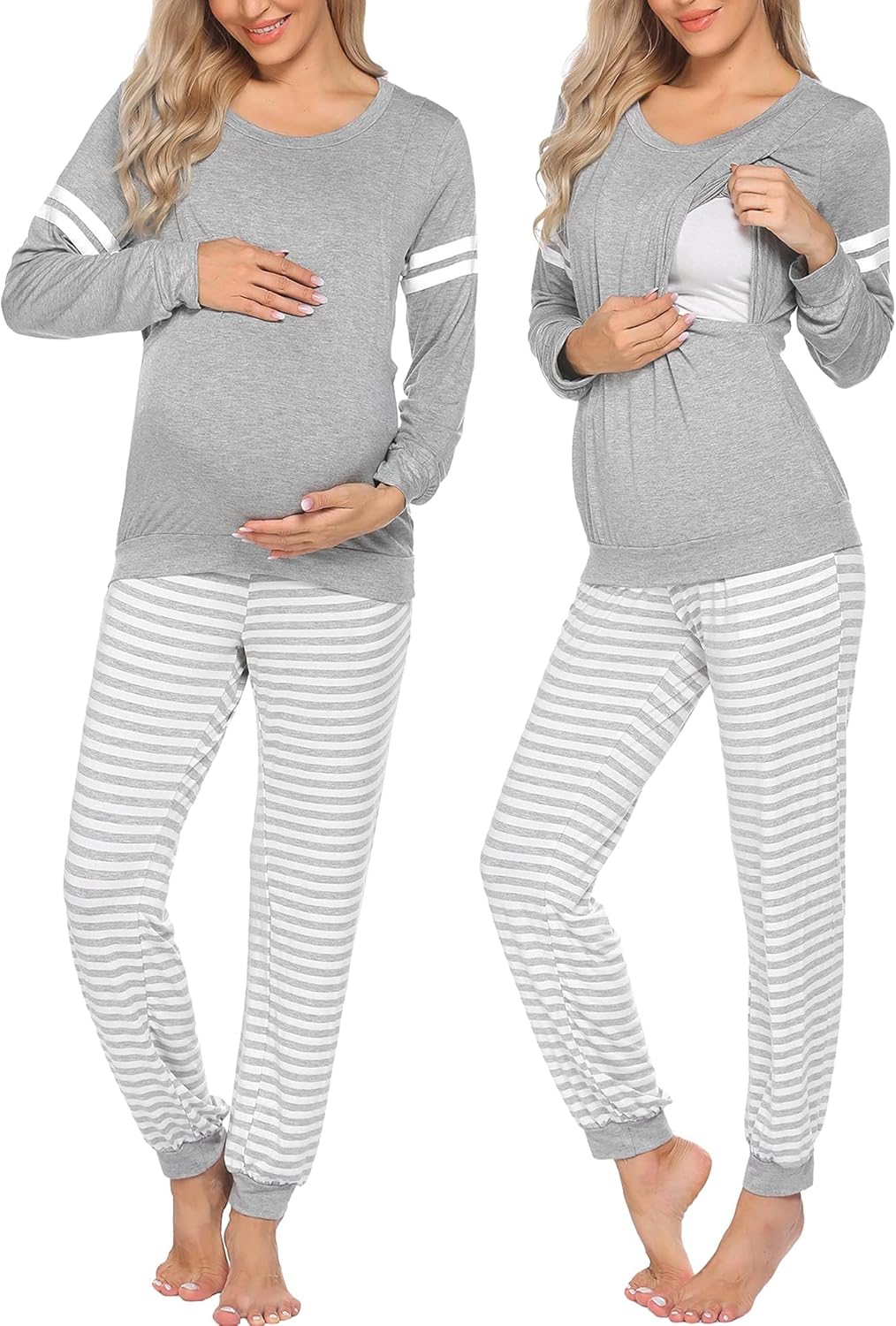 Maternity nursing pajama set, heather grey: long-sleeve top with striped jogger pants