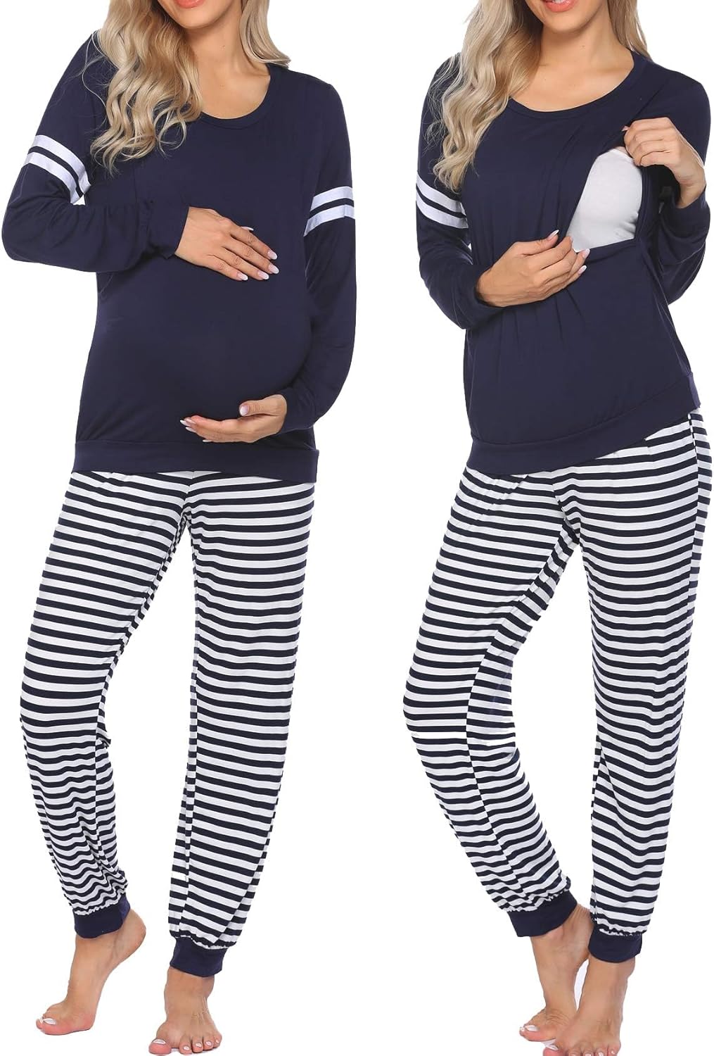 Maternity nursing pajama set: navy long-sleeve top with striped pants