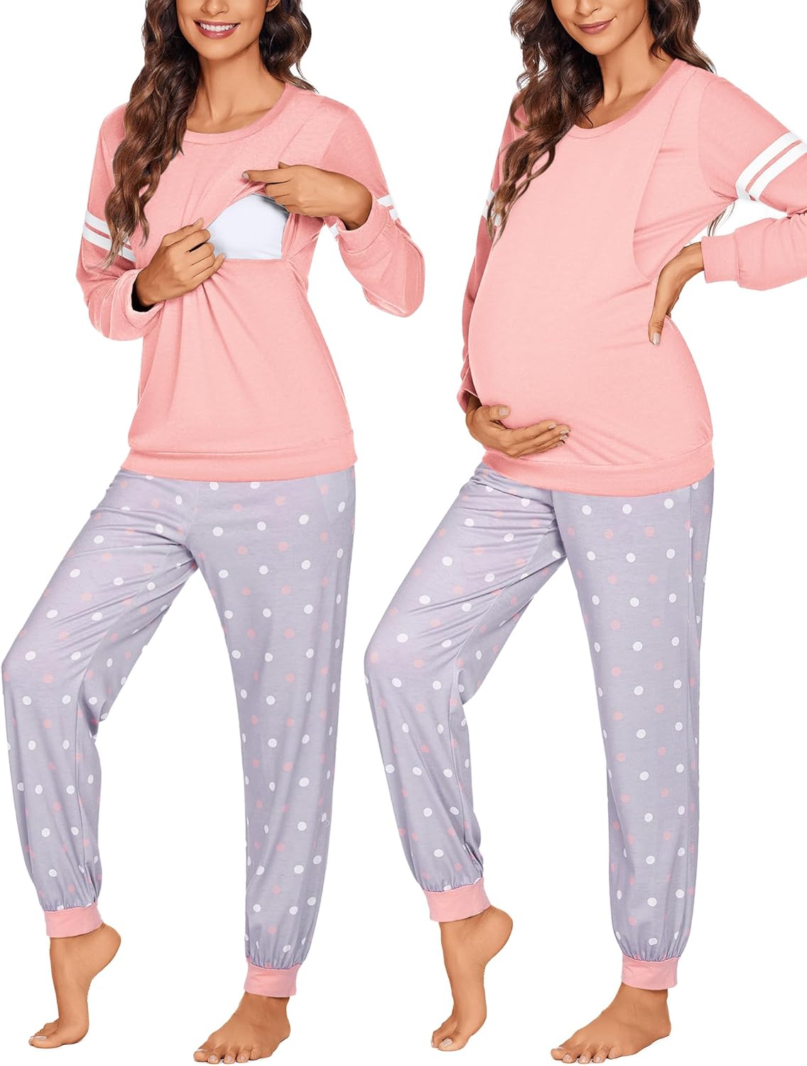 Maternity nursing pajama set in pink with polka-dot jogger pants and striped sleeves