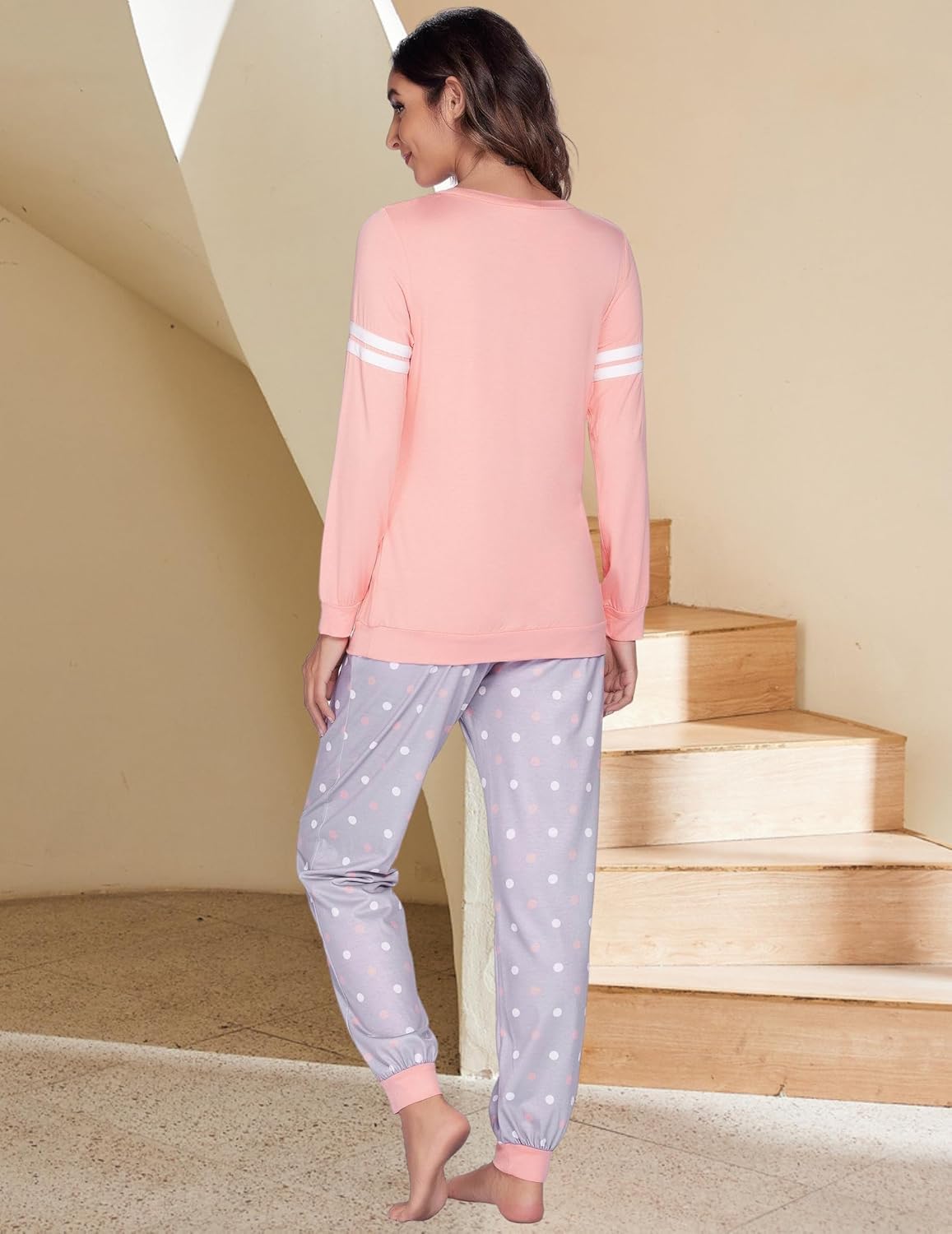 Back view: pink nursing pajama top with light purple polka-dot jogger pants