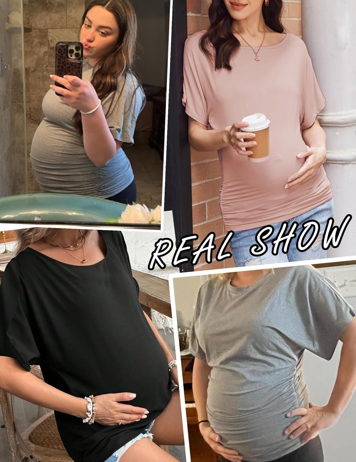 Maternity dolman side-ruched shirt in blush pink, black, and light gray; short sleeves