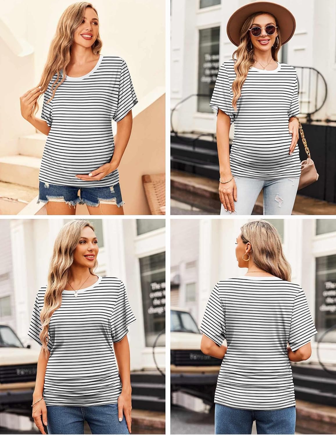 Maternity dolman side-ruched shirt, black-and-white stripes; round neck, short sleeves