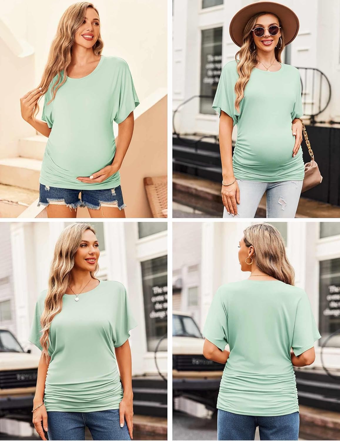 Maternity dolman side-ruched shirt, mint green; round neck, short sleeves