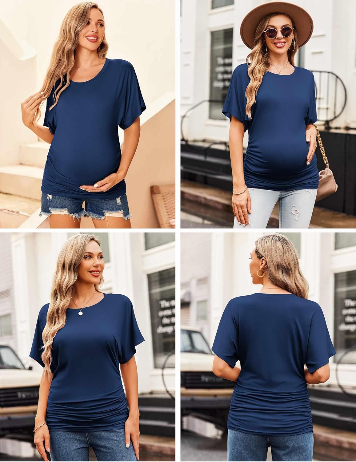 Maternity dolman ruched side top, navy blue, short sleeves, stretchy drape