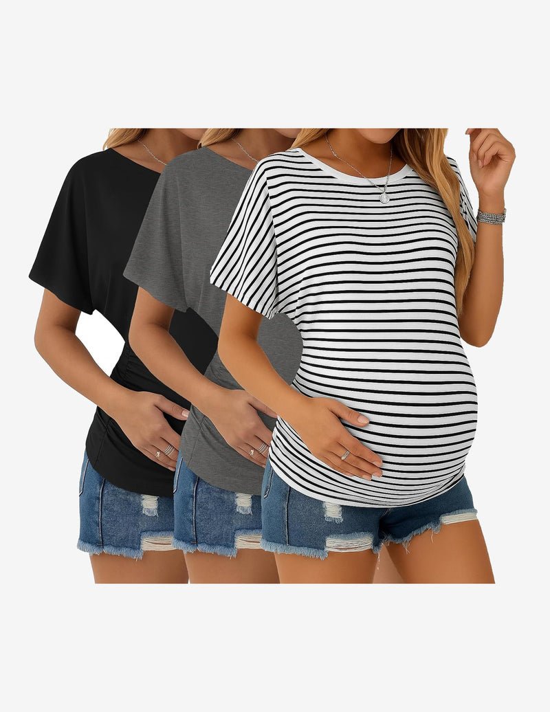 Maternity dolman top 3-pack: black, gray, striped; side ruching, round neck