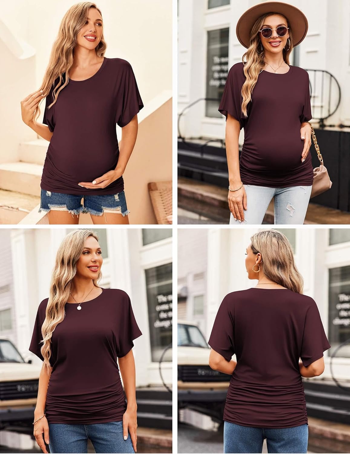 Maternity dolman side-ruched shirt, burgundy; round neck, short sleeves
