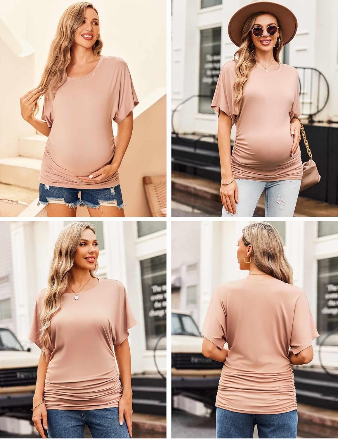 Maternity dolman side-ruched shirt, blush nude; round neck, short sleeves