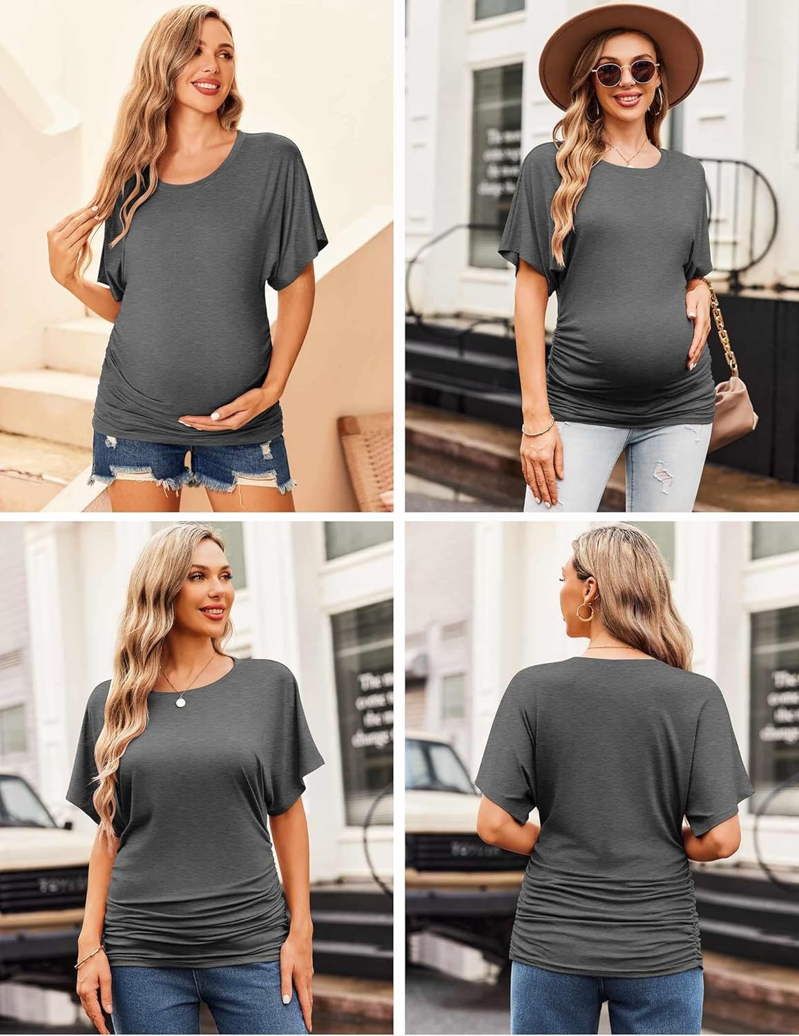 Maternity dolman side-ruched shirt, heather gray; round neck, short sleeves