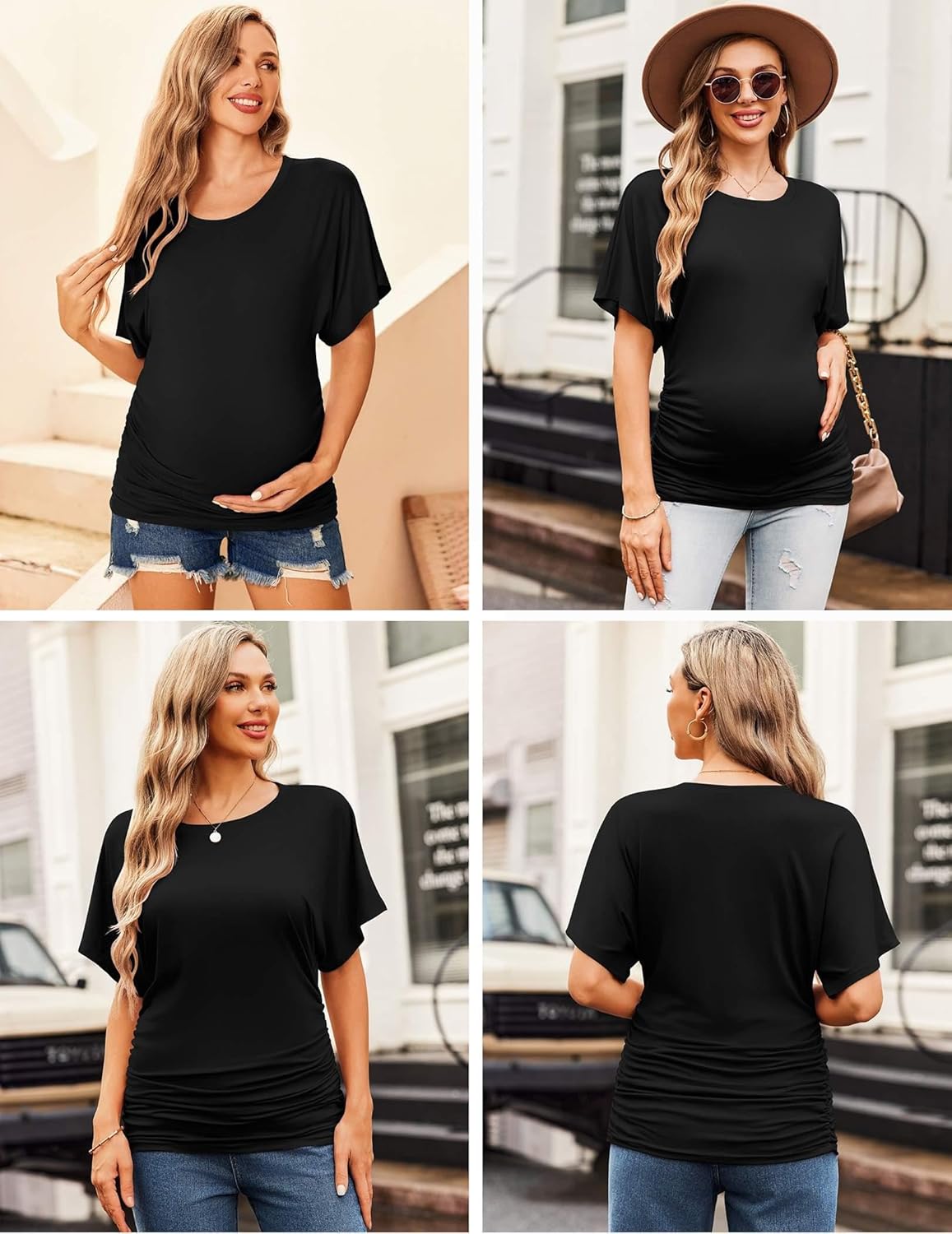 Maternity dolman side-ruched shirt, black; round neck, short sleeves