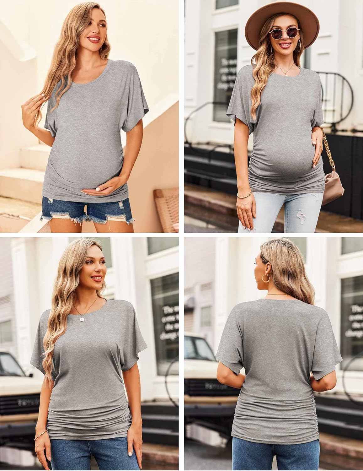 Maternity dolman side-ruched shirt, heather gray; round neck, short sleeves