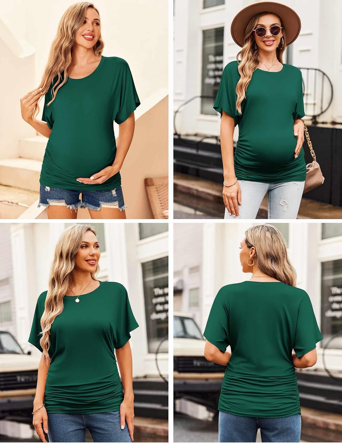 Maternity dolman ruched side top, dark green, short sleeves, side ruching