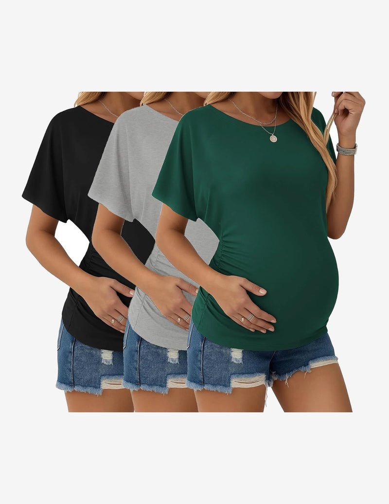 3-pack maternity dolman tops: black, gray, and dark green; side-ruched, short sleeve