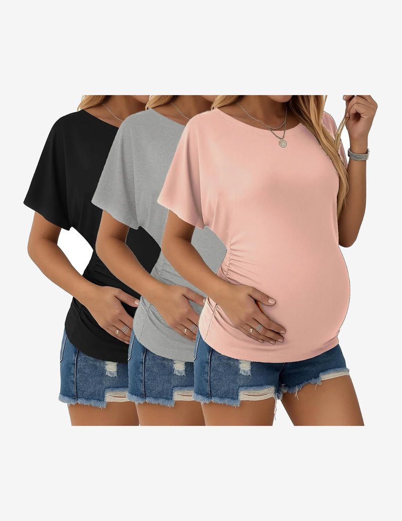 3-pack maternity dolman tops: black, gray, and misty rose pink; side-ruched, short sleeve