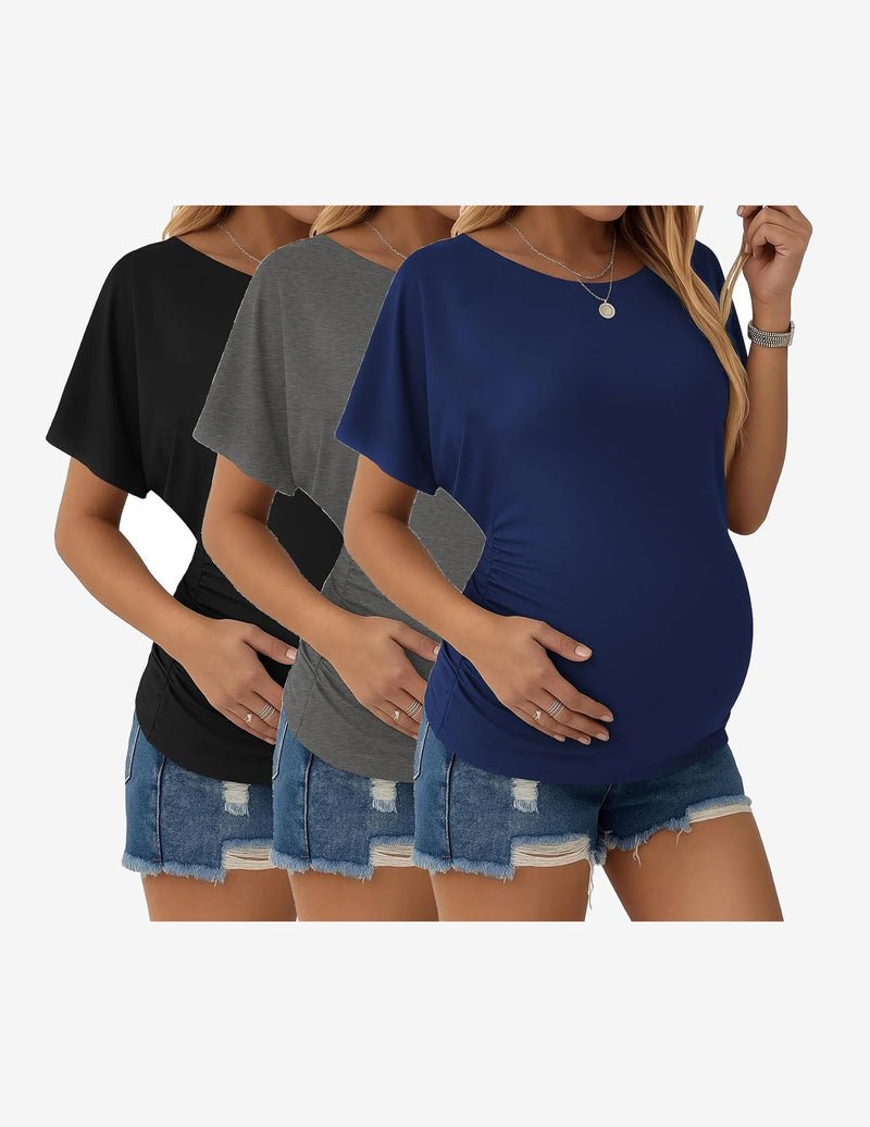 3-pack maternity dolman tops: black, gray, and navy blue; side-ruched, short sleeve