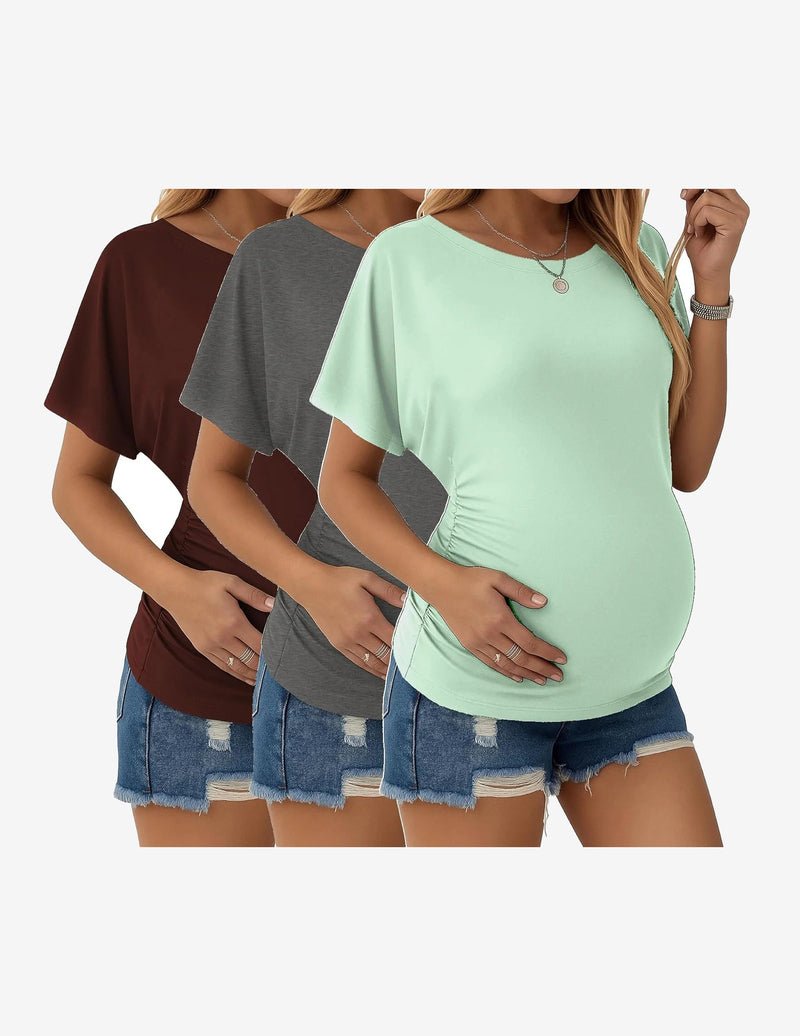 3-pack maternity dolman tops: dark brown, gray, and light mint green; side-ruched, short sleeve