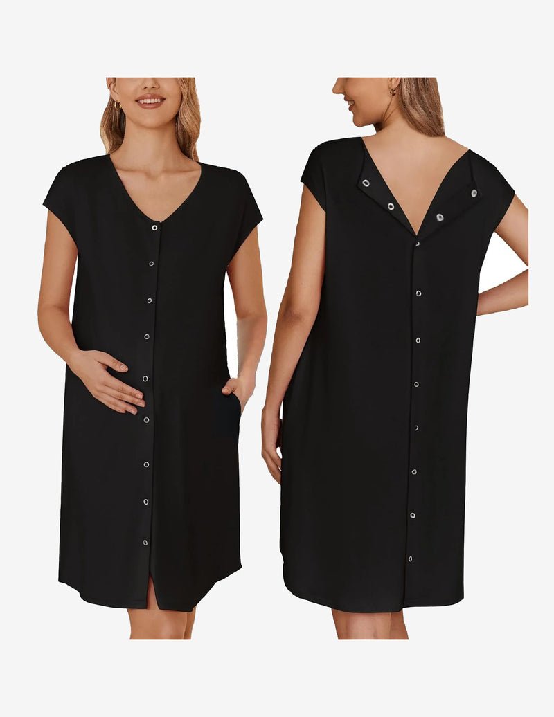 Maternity Sleepwear mit Taschen, Schwarz, Knopfleiste vorn, kurzärmliges Nachthemd