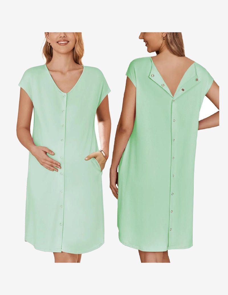 Maternity Sleepwear mit Taschen, Grün, Knopfleiste vorn, kurzärmliges Midikleid