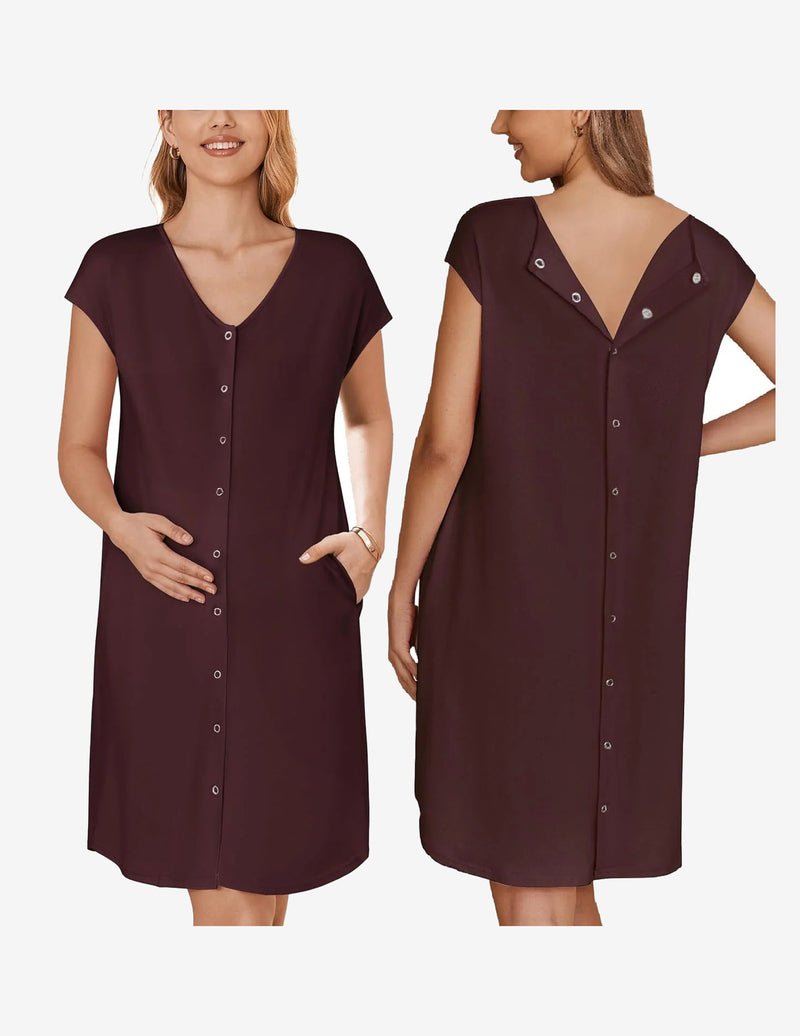 Maternity Sleepwear mit Taschen, Bordeaux/Marron, Knopfleiste vorn, V-Ausschnitt