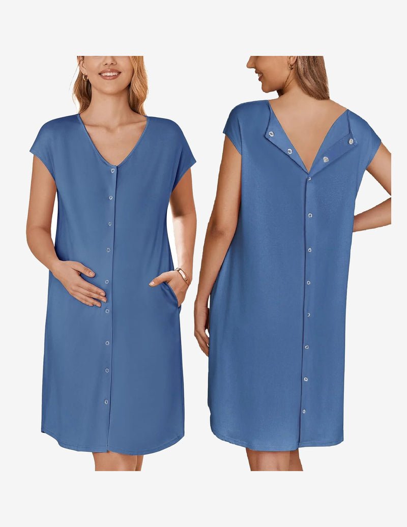 Maternity Sleepwear mit Taschen, Navyblau, Knopfleiste vorn und V-Ausschnitt