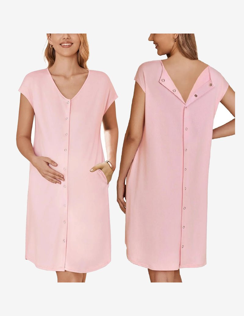 Maternity Sleepwear mit Taschen, Rosa, Knopfleiste vorn und V-Ausschnitt
