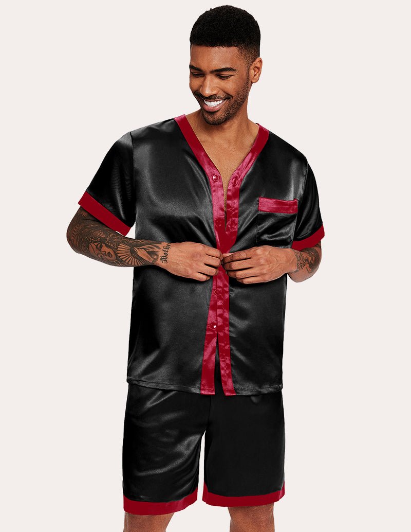 Men's satin button-down pajama set with short-sleeve shirt and matching shorts, black.