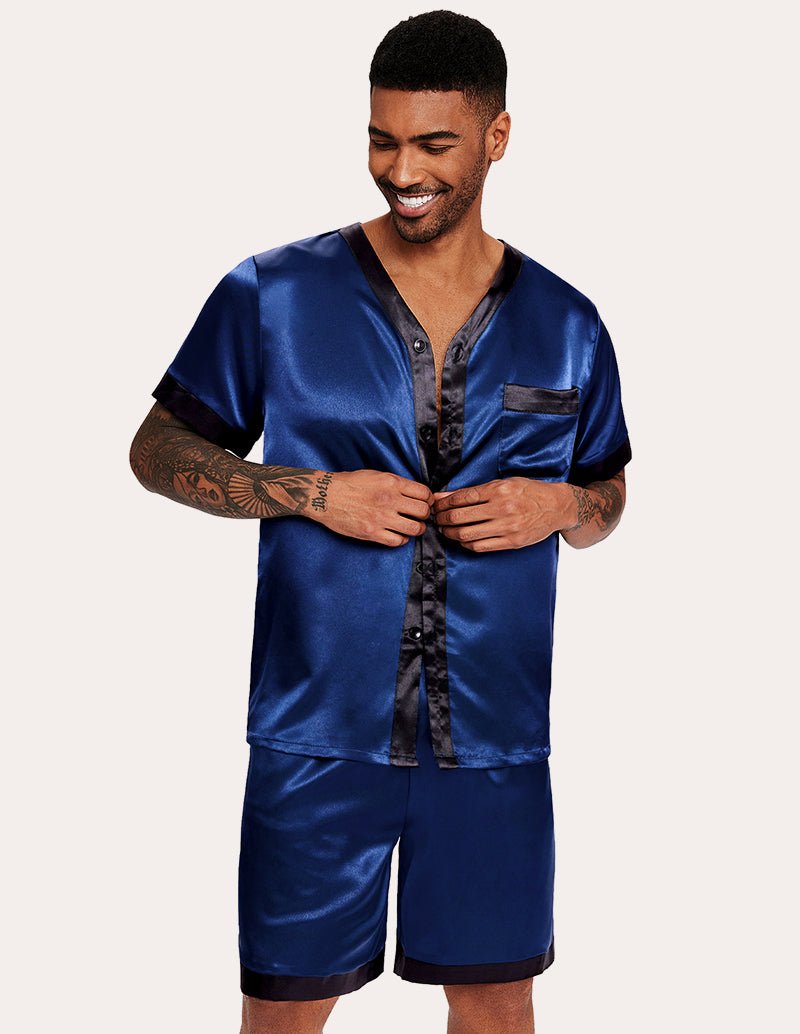 Men's satin button-down pajama set with short sleeves and matching shorts, blue.